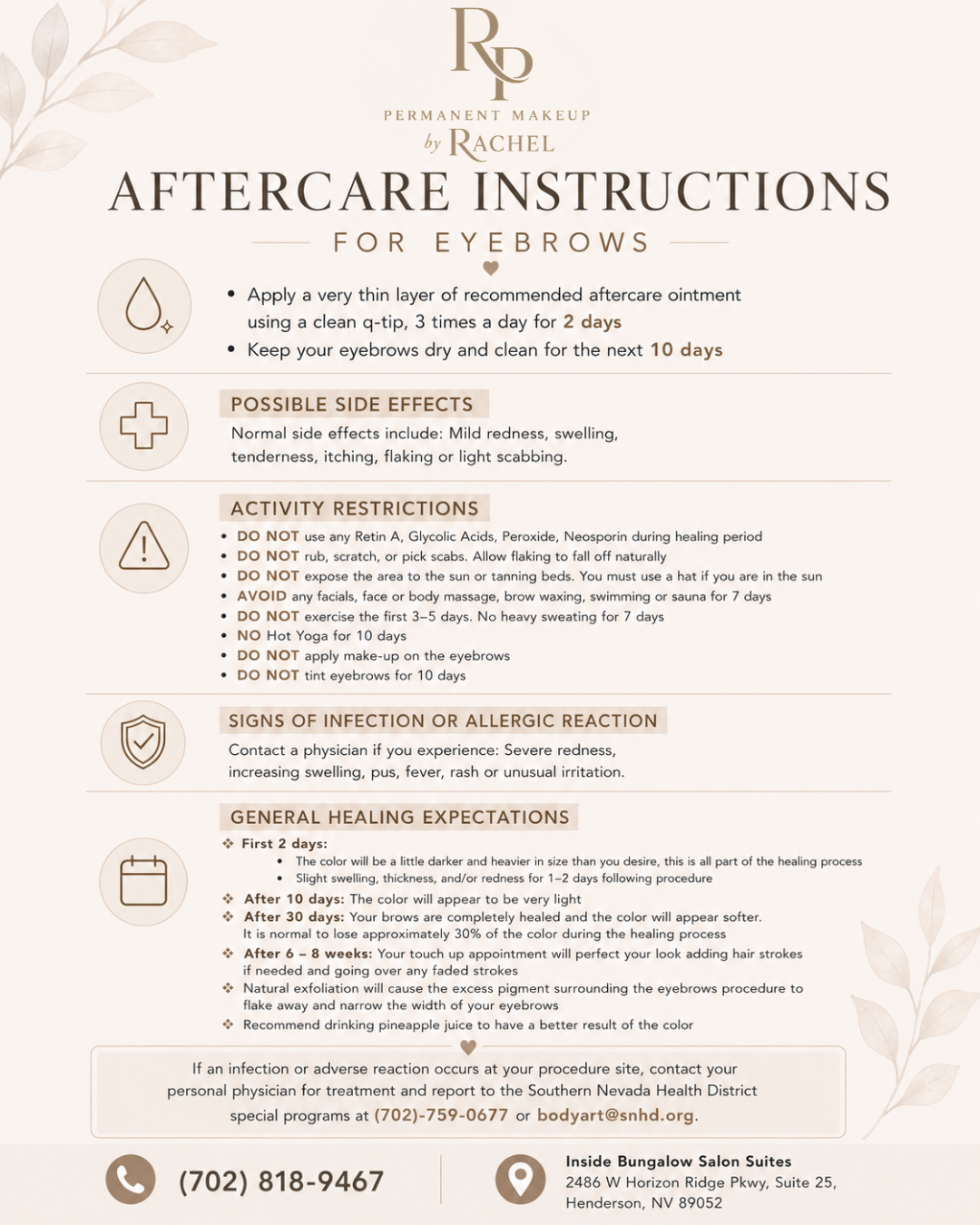 Aftercare instructions for eyebrows including side effects and activity restrictions